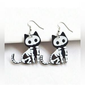 Halloween Skeleton Cat Pendant Earrings, Cute Cartoon, Acrylic Jewelry.  NWT!